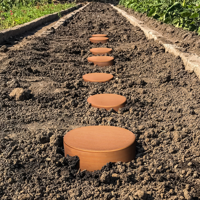 Line of 4 litre ollas spaced across a raised vegetable bed