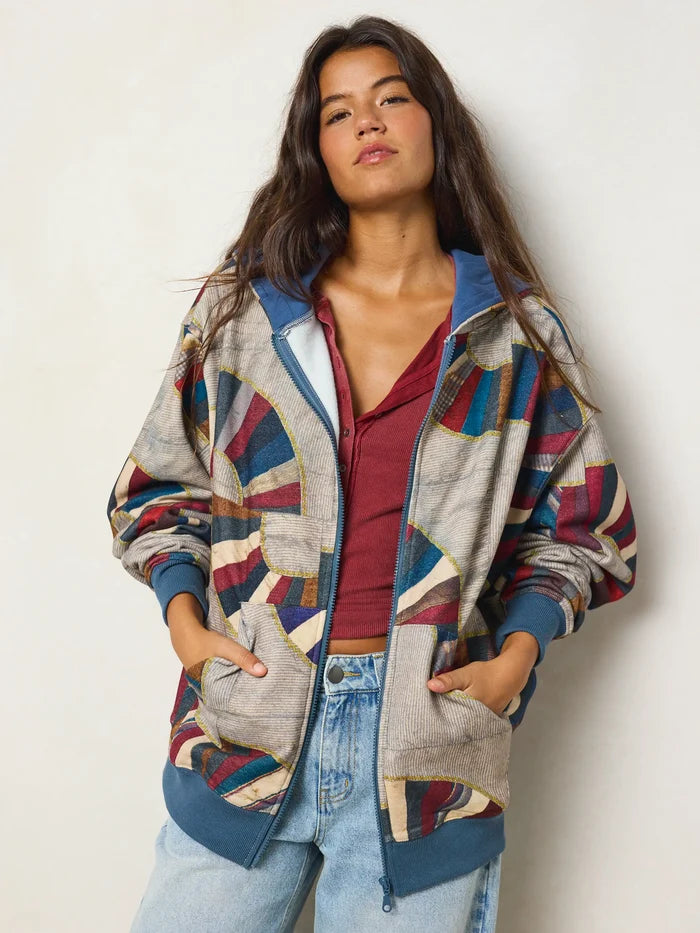 Oversized Printed Zip-Up Hoodie - Quilted Waves Multi-view 1