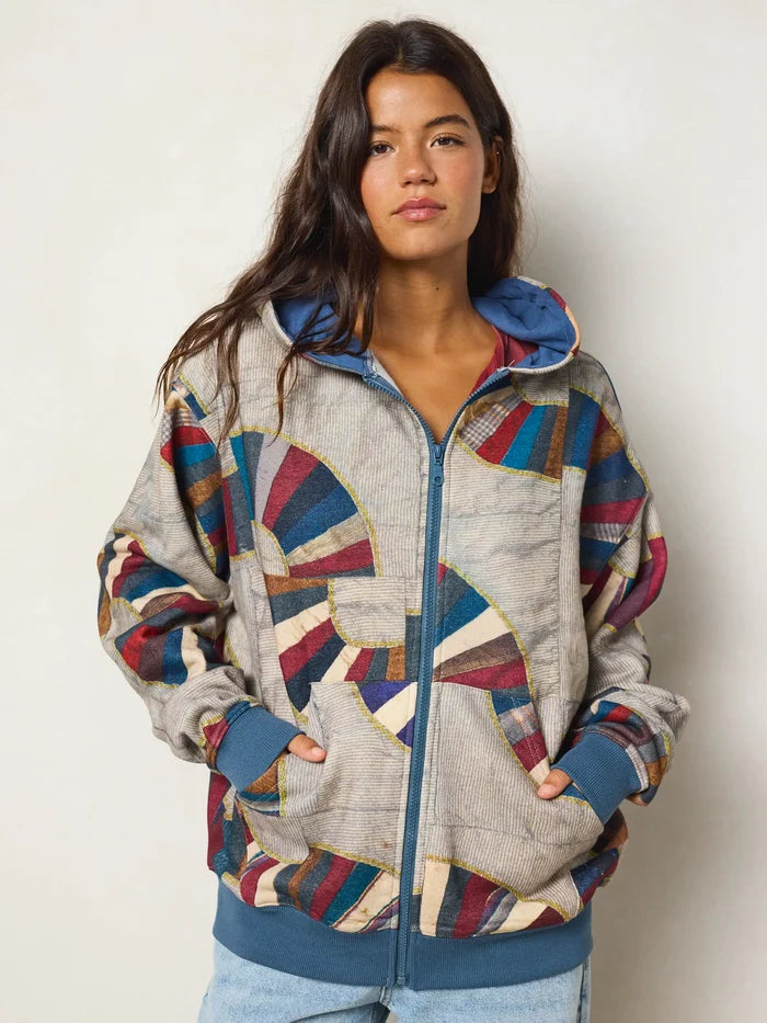 Oversized Printed Zip-Up Hoodie - Quilted Waves Multi-view 2