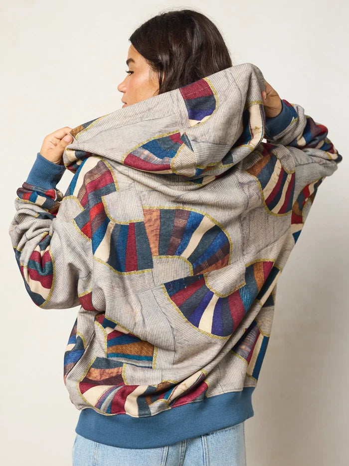 Oversized Printed Zip-Up Hoodie - Quilted Waves Multi-view 3