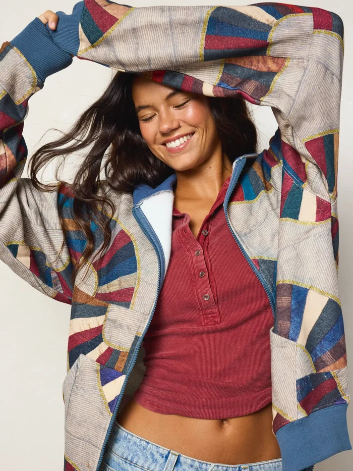 Oversized Printed Zip-Up Hoodie - Quilted Waves Multi-view 4
