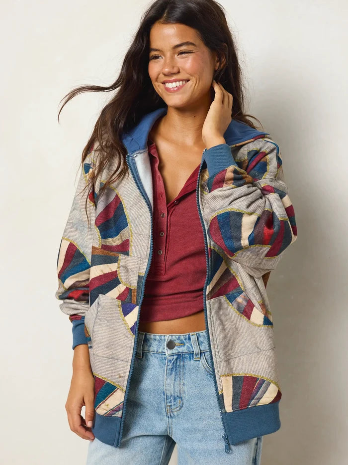 Oversized Printed Zip-Up Hoodie - Quilted Waves Multi-view 5
