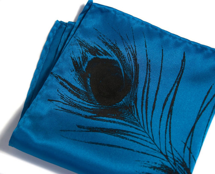 Black ink on electric blue pocket square.