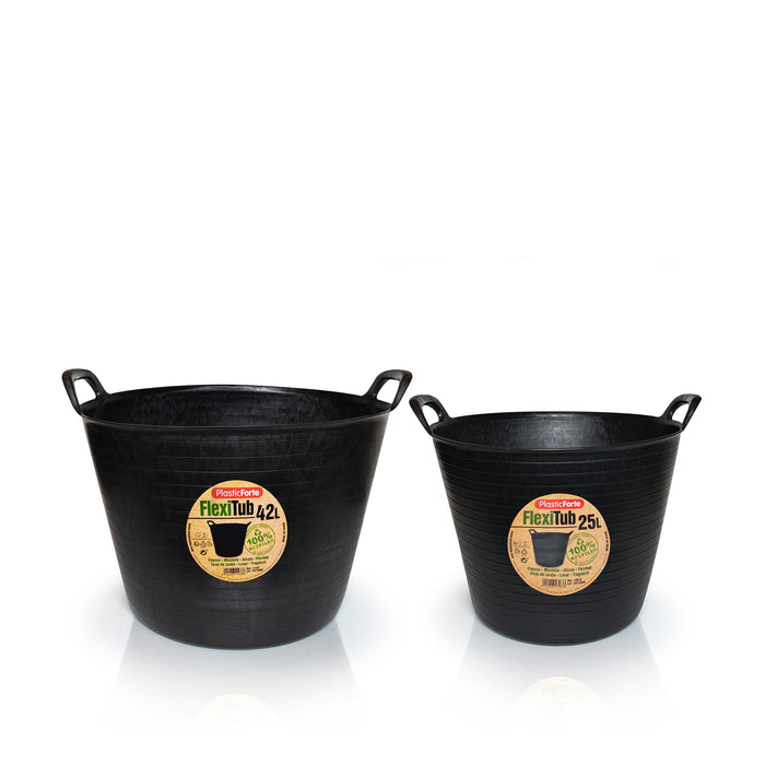 Large black plastic tubs, heavy-duty and flexible.