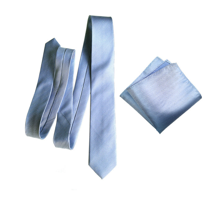 Cyberoptix powder blue wedding tie and pocket square set, woven herringbone silk necktie