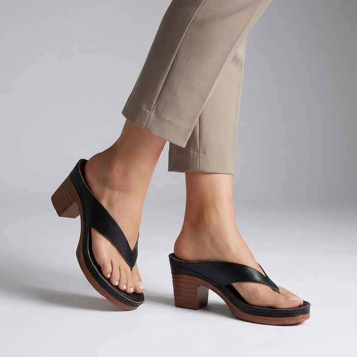 Block heel thong sandals with platform sole in Black, front view