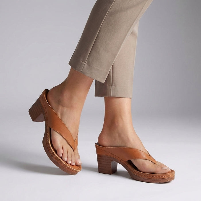 Block heel thong sandals with platform sole in Camel, side view