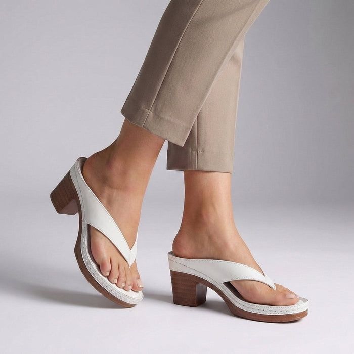 Block heel thong sandals with platform sole in White, front view