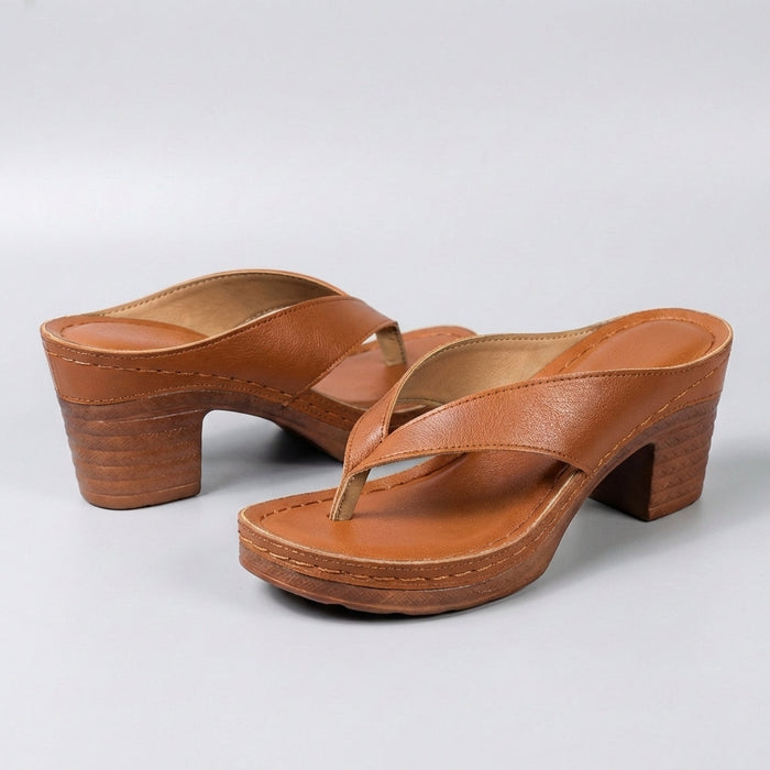 Block heel thong sandals with platform sole in Camel, front view