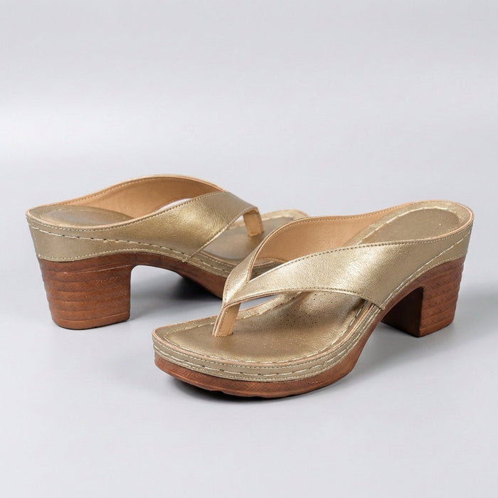 Block heel thong sandals with platform sole in Champagne, side view