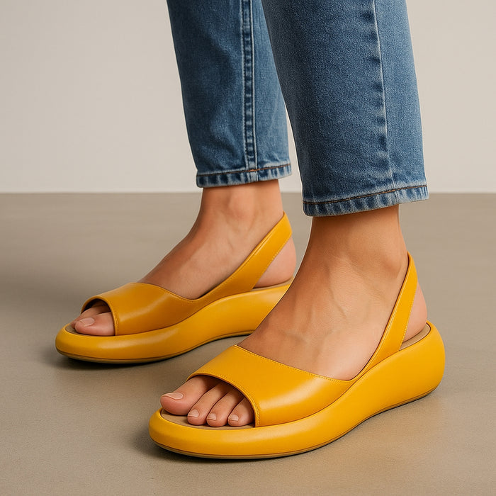 Open-toe slingback flat sandals, top-down view