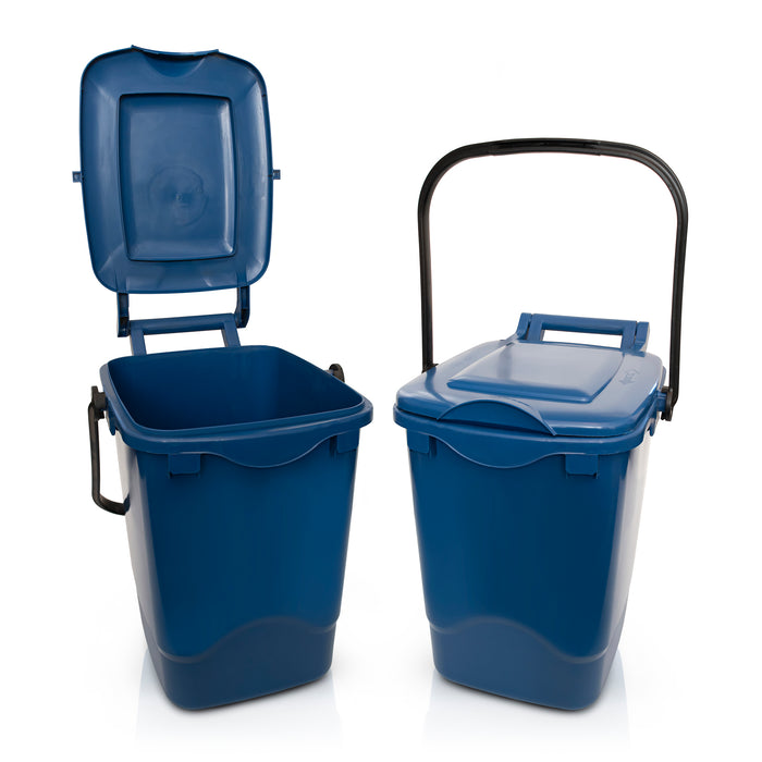 23 litre blue nappy bin open and closed on a white background