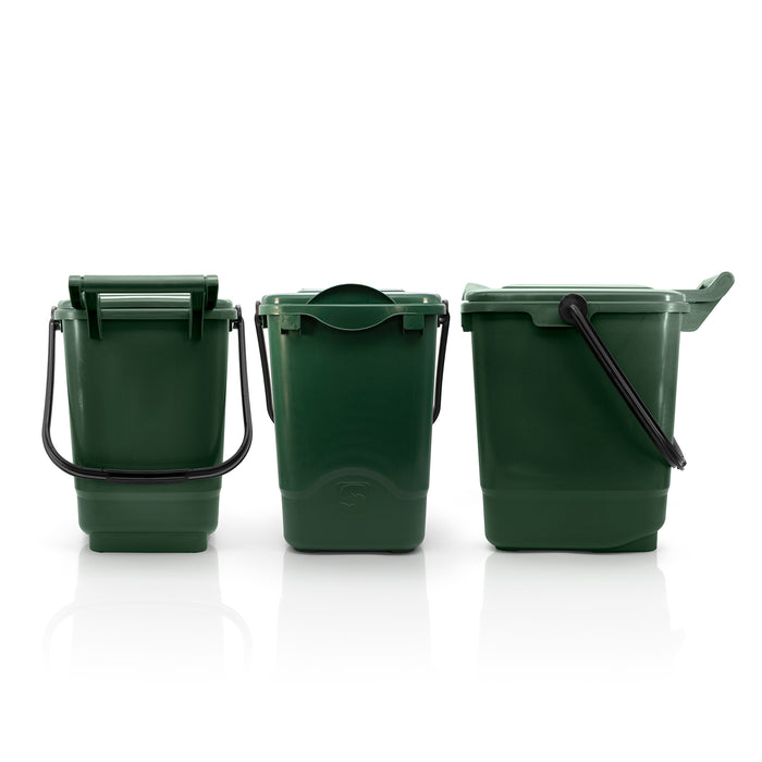 Front, rear, and side of recycled plastic bin with lid