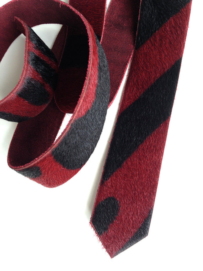 Red and Black Zebra Stripe Hair-On Hide Leather Necktie