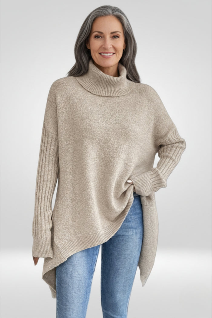 Glenara | Women's Oversized Turtleneck Sweater - Beige - Image 2