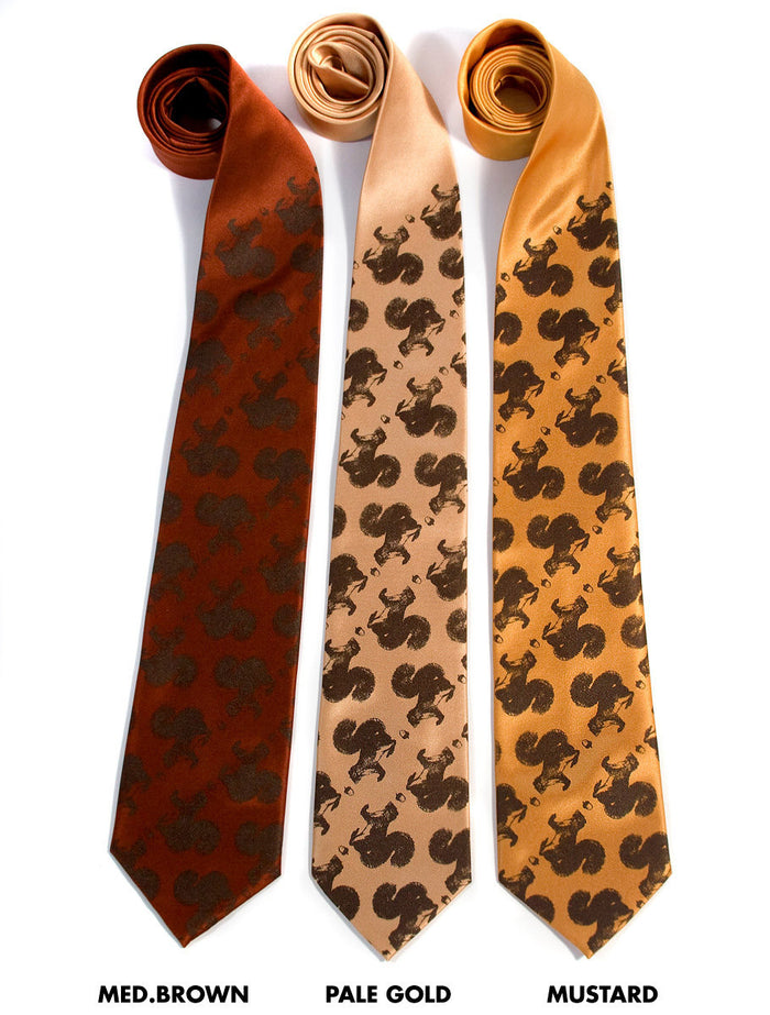 Squirrel neckties. Chocolate ink on cinnamon, pale gold, mustard microfiber.