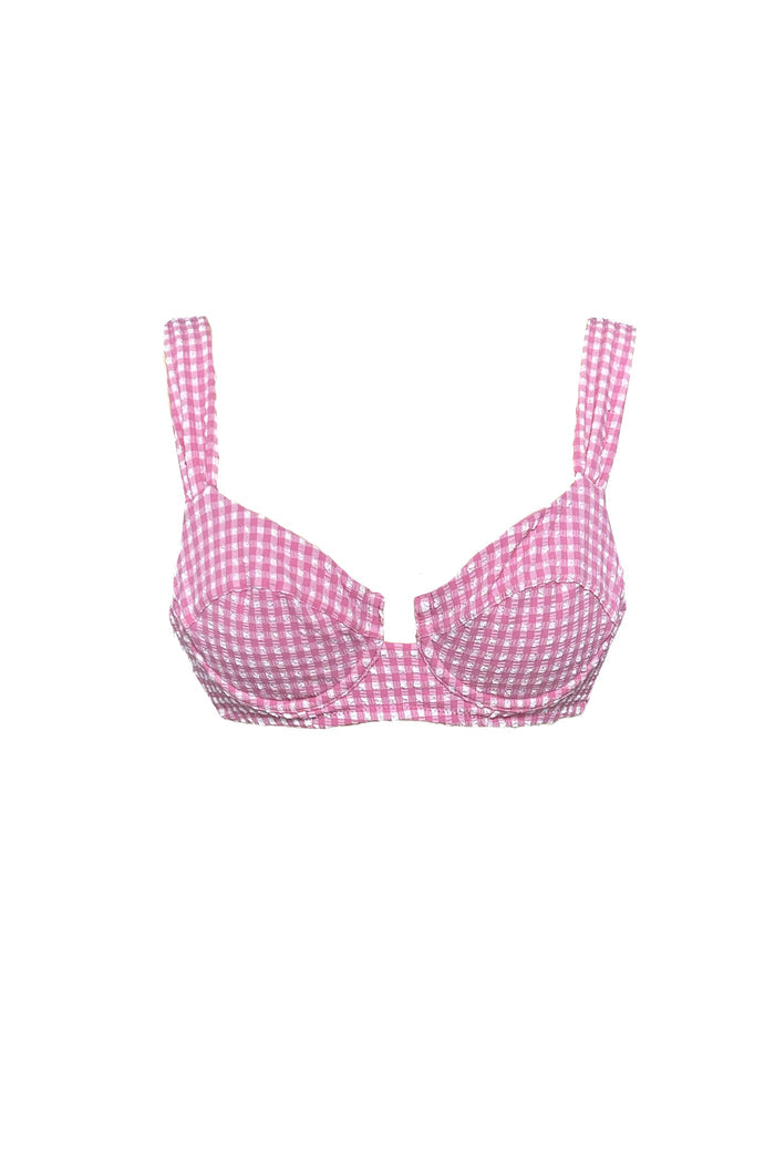 Pink gingham underwire bikini top with bow-tied back – Serafine