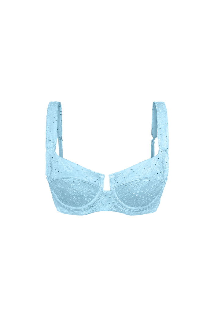 Blue eyelet underwire bikini top with bow-tied back – Serafine