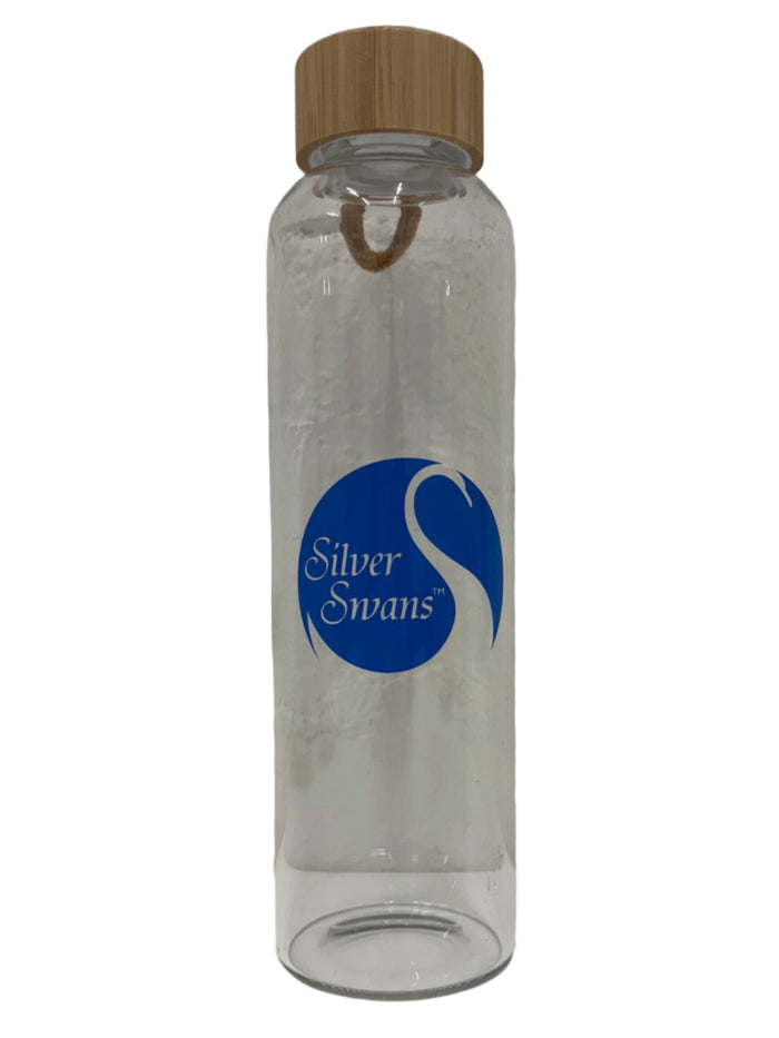 Silver Swans logo glass/bamboo drink bottle