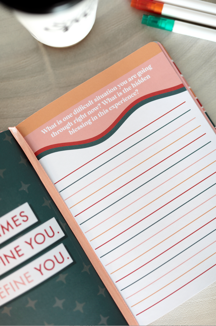 Inspirational journal page with prompts, decorated in coral and teal colors, perfect for reflection.