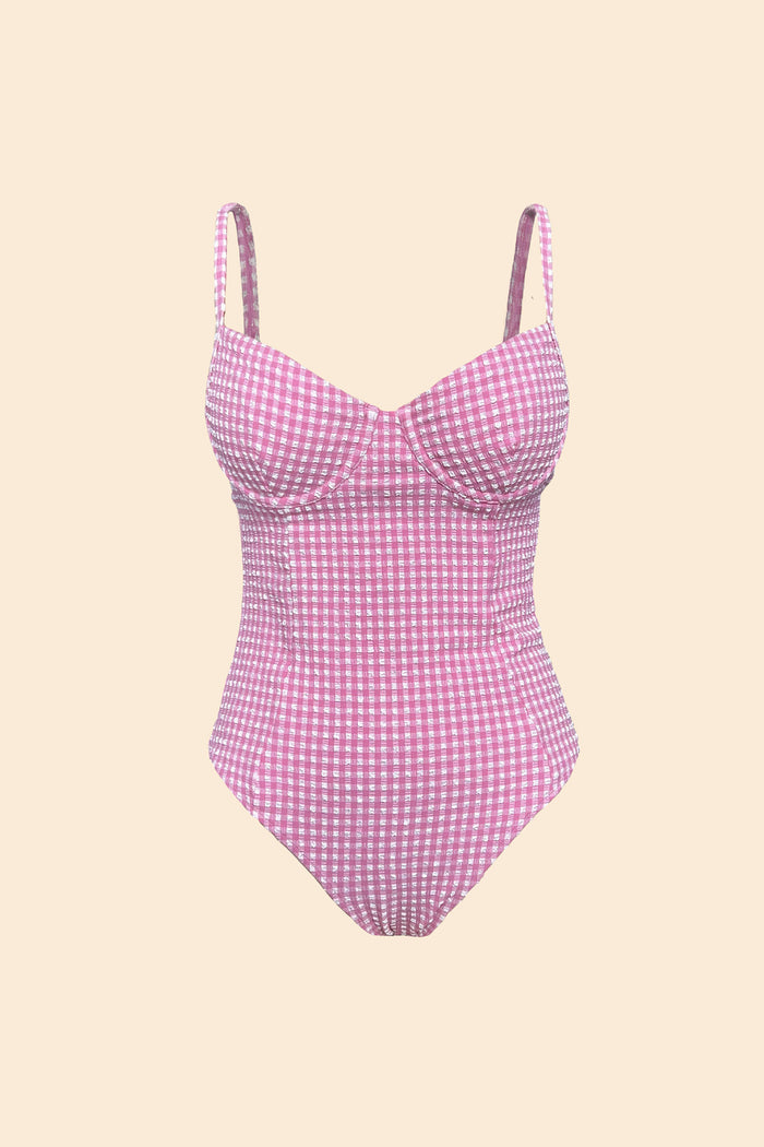 Solara back-cutout one-piece swimsuit in pink gingham