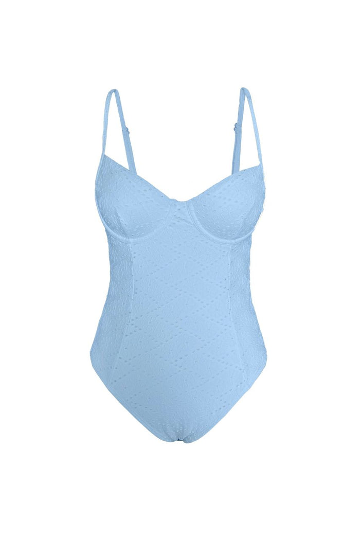 Solara back-cutout one-piece swimsuit in blue eyelet