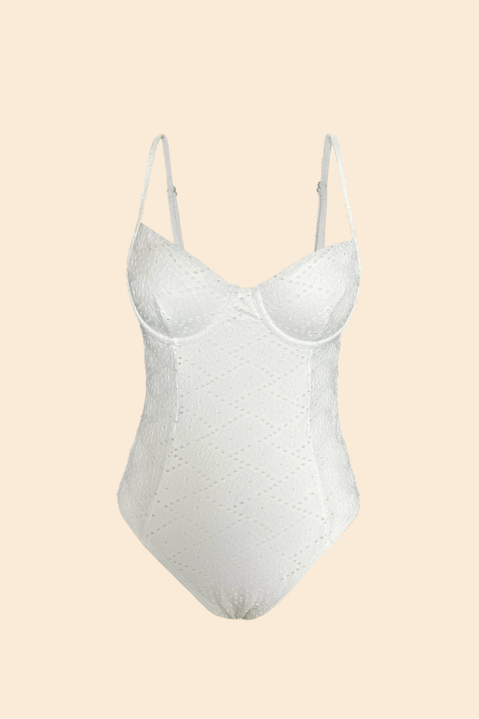 Solara white eyelet one-piece, underwire support