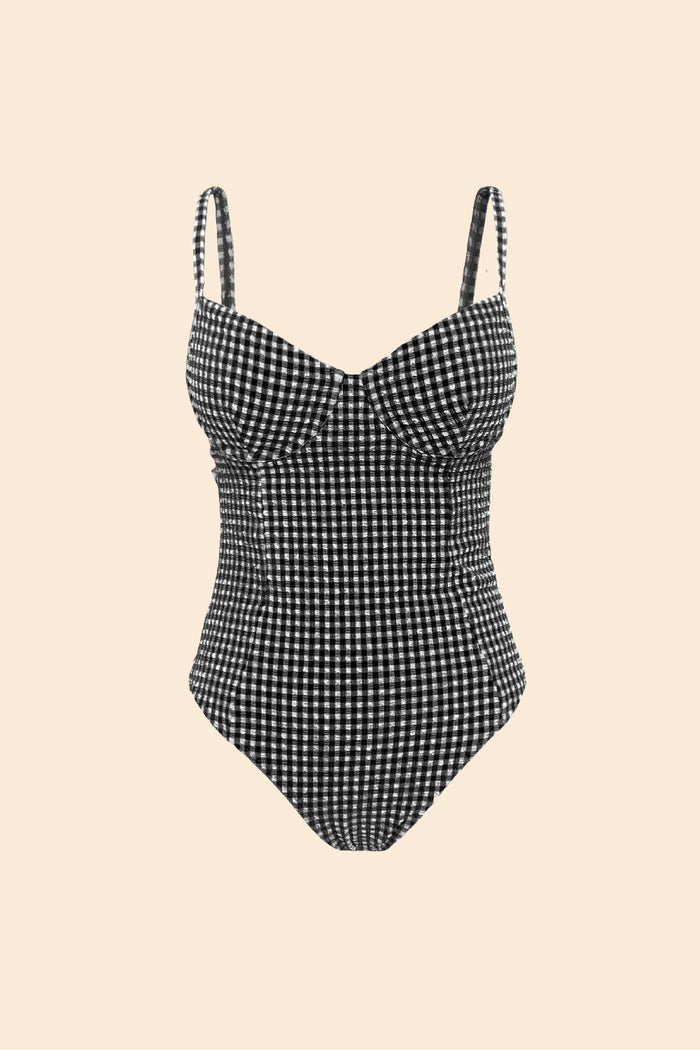 Back cutout and clasp detail, Solara black gingham one-piece