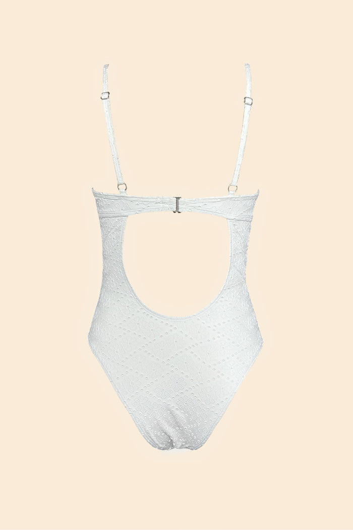 Back cutout and clasp detail, Solara white eyelet one-piece