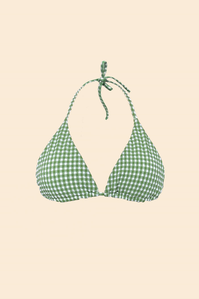 Model wearing Soleil green gingham bikini top