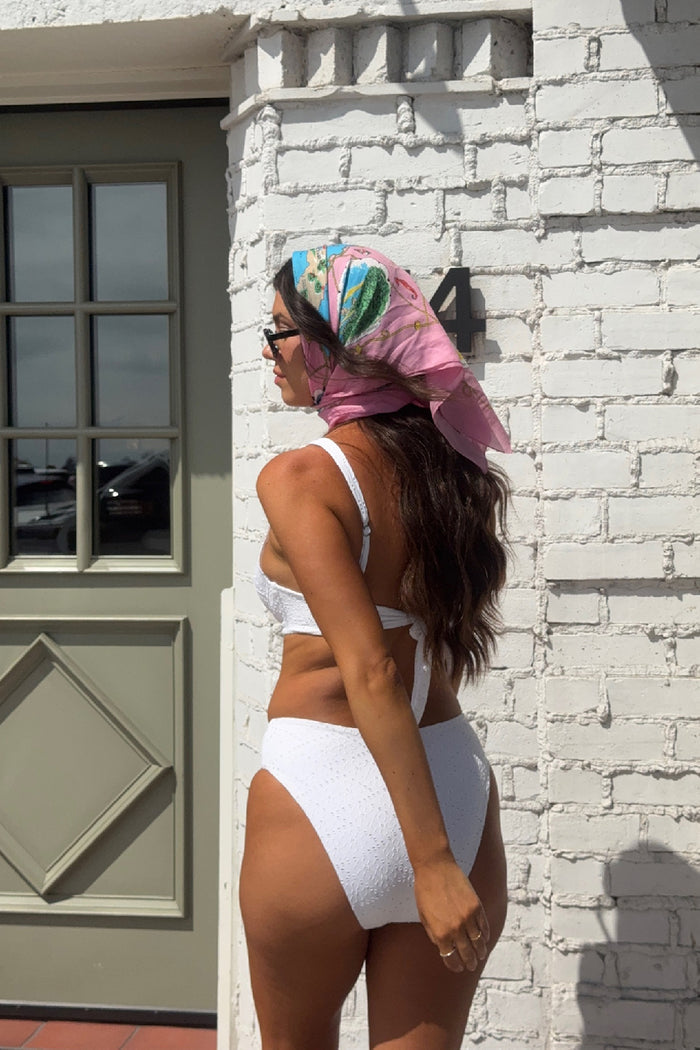 High-waisted white eyelet swim bottom by Vacay Haven