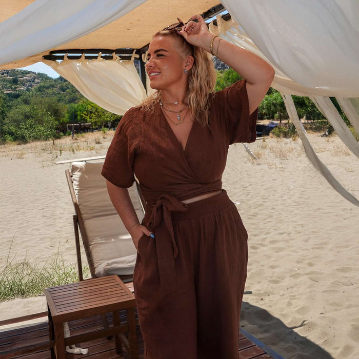 Sonia Cotton Gauze Wrap Top - Brown
