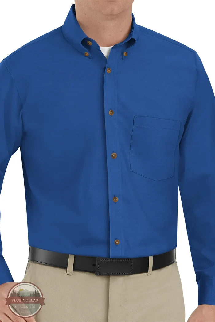 Red Kap SP90 RB Men's Big &amp; Tall Long Sleeve Poplin Dress Shirt in Royal Blue on model