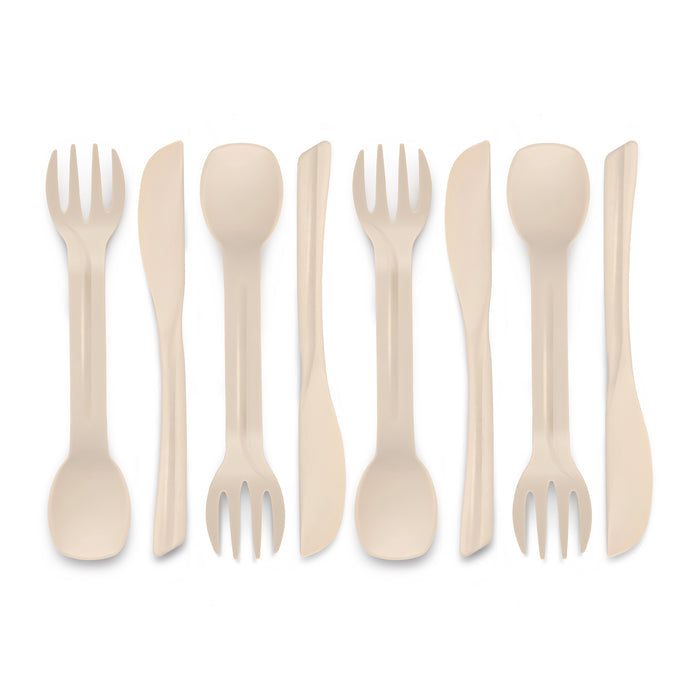 Pack of 4 bioplastic knife and spork set.