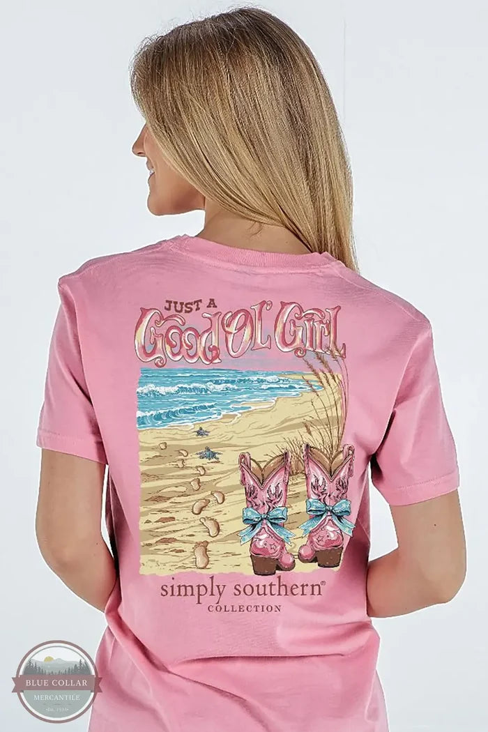Simply Southern SS-JUST-FNCYCNDY Just A Good Ol' Girl T-Shirt in Pink, rear view