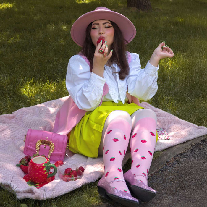 Strawberry Mock Sock Tights - Pink
