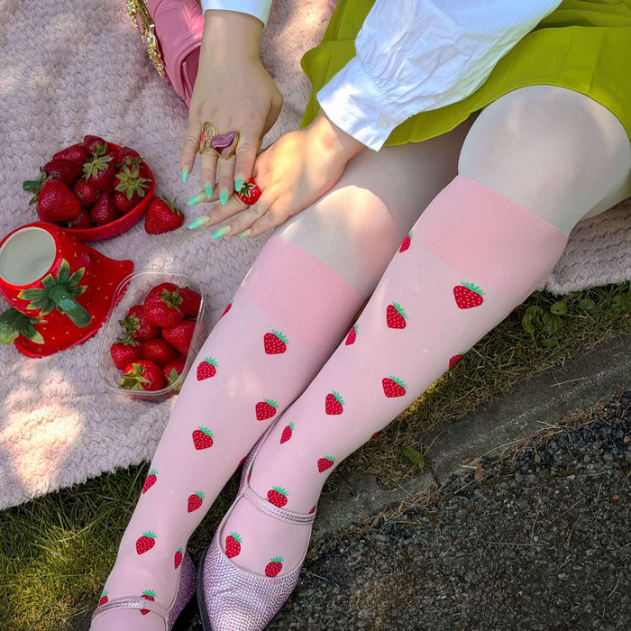Strawberry Mock Sock Tights - Pink