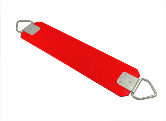 Red commercial-grade swing set belt seat with steel core and galvanized metal hardware on each end