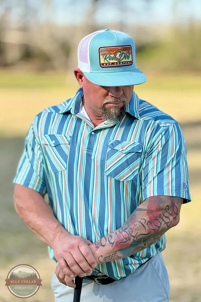Red Dirt Hat Company RDPSSTLCRLST Teal & Coral Stripped Short Sleeve Polo, lifestyle
