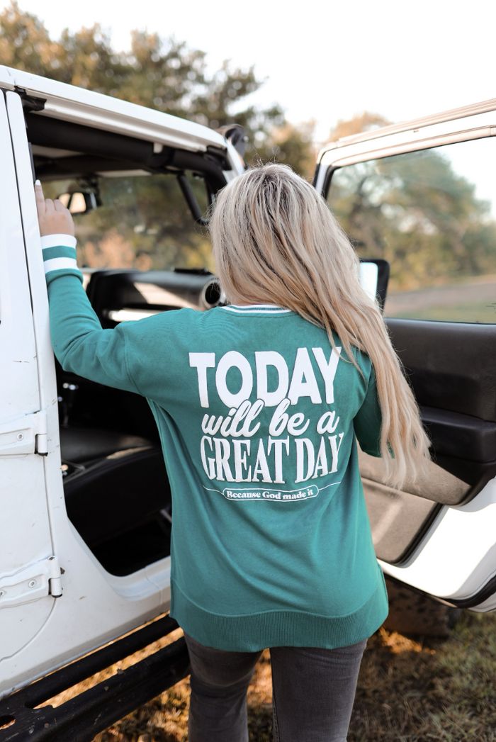 Women's teal sweater with "Today will be a Great Day" print, cozy and stylish for casual outings.