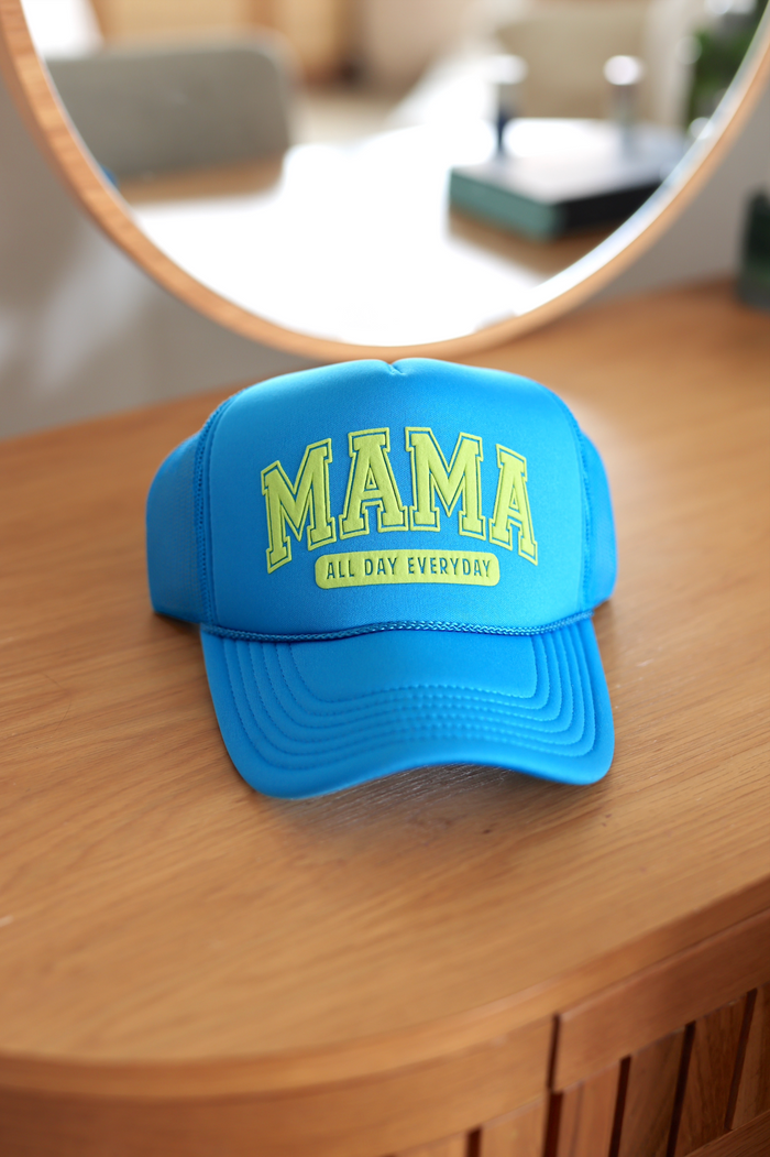 Bright blue MAMA cap with yellow lettering, perfect for everyday wear. Made of durable material.