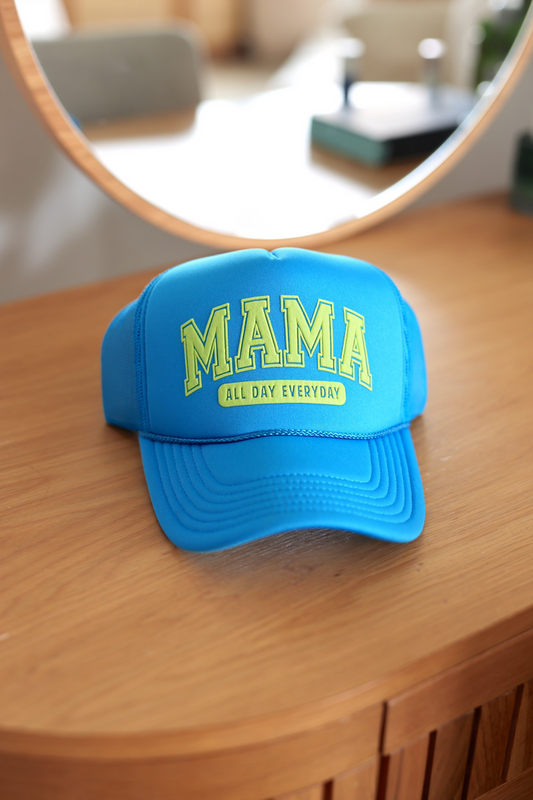 Bright blue MAMA cap with yellow lettering, perfect for everyday wear. Made of durable material.