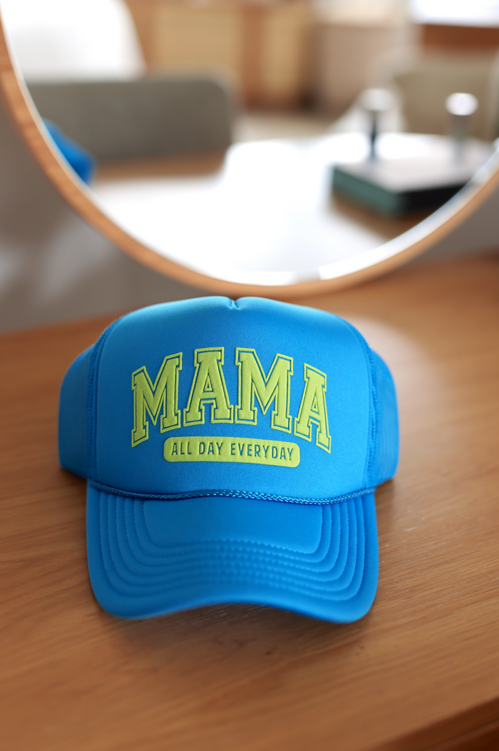 Bright blue snapback hat with 'MAMA ALL DAY EVERYDAY' design, perfect for stylish moms on the go.