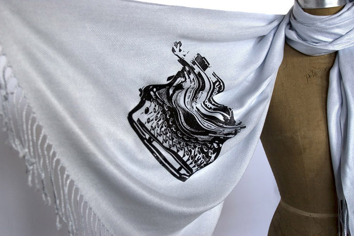 Black ink on silver pashmina.