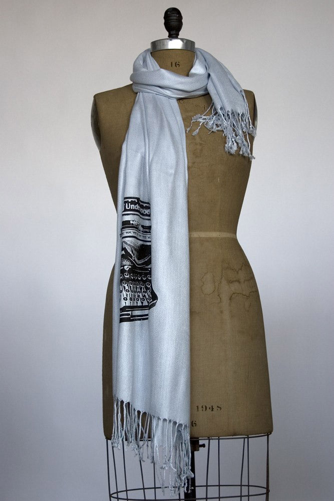 Black ink on silver pashmina.