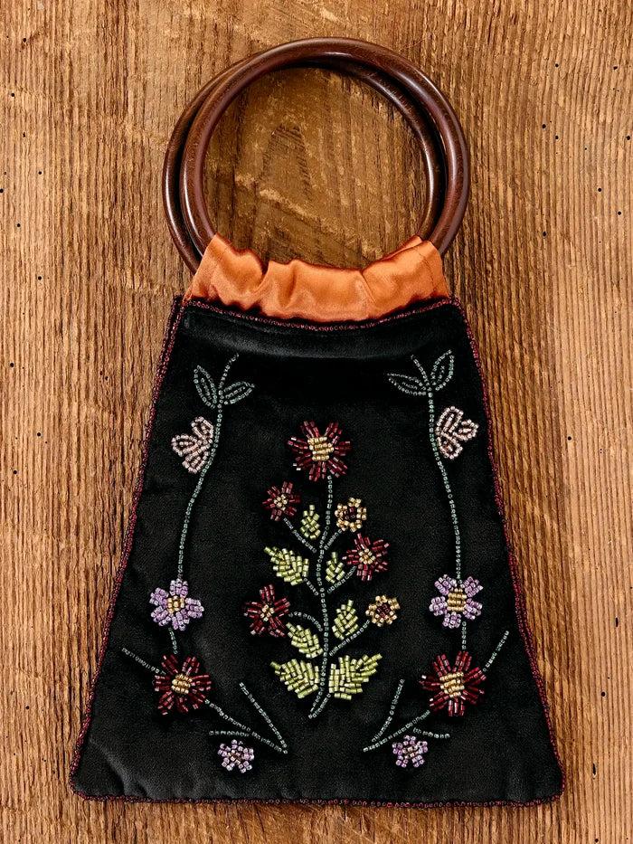 Velvet Bangle Beaded Handbag - Charcoal Folk Flower-view 2