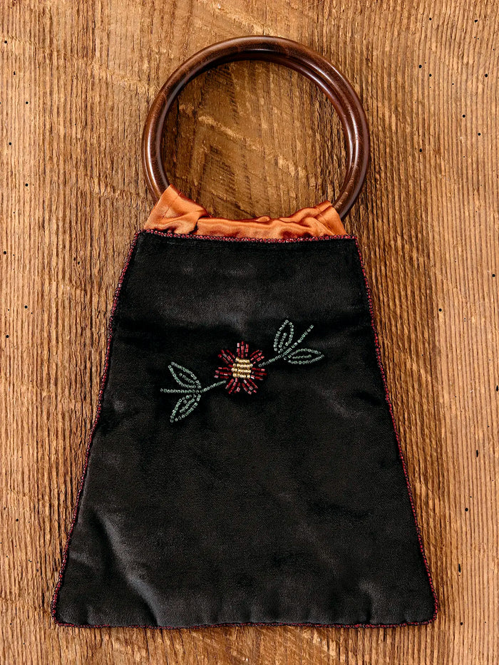 Velvet Bangle Beaded Handbag - Charcoal Folk Flower-view 4