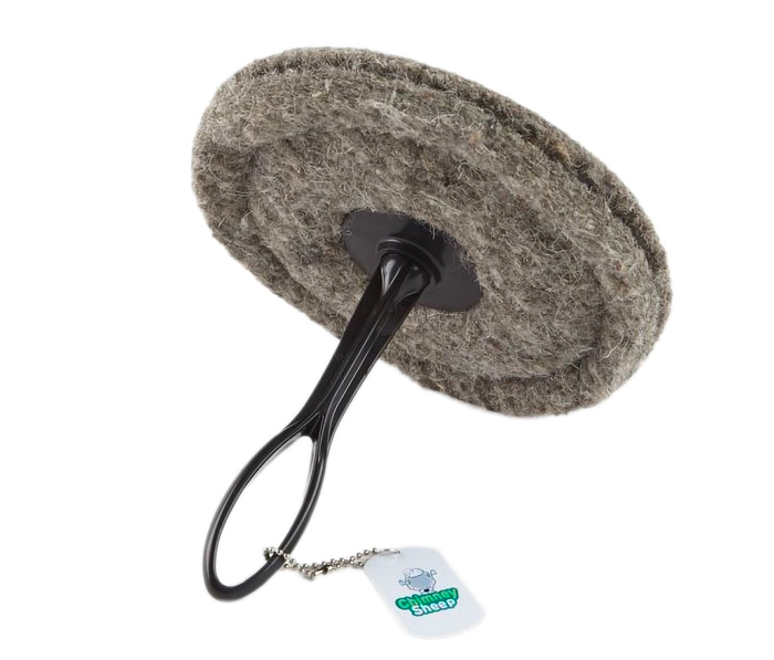 Round wool draught excluder with recycled plastic handle.