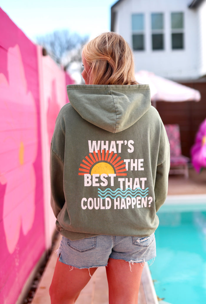 Olive green hoodie with sunset graphic and motivational text, perfect for casual wear.