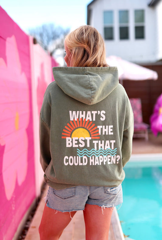 Olive green hoodie with sunset graphic and motivational text, perfect for casual wear.